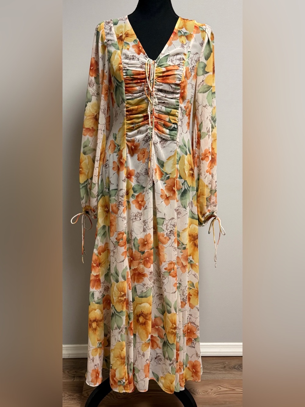 Jill Stuart Japan Mimosa Artwork Floral Print Chiffon Maxi Dress Small Size 2